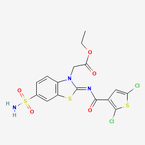molecular formula C16H13Cl2N3O5S3 B2382625 Ethyl 2-[2-(2,5-dichlorothiophene-3-carbonyl)imino-6-sulfamoyl-1,3-benzothiazol-3-yl]acetate CAS No. 887210-23-3