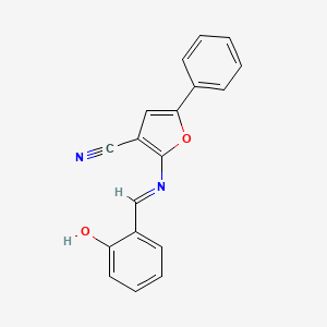 molecular formula C18H12N2O2 B2382626 2-{[(E)-(2-ヒドロキシフェニル)メチリデン]アミノ}-5-フェニル-3-フロニトリル CAS No. 325809-26-5