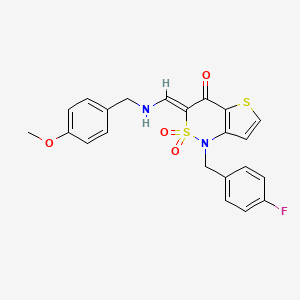 molecular formula C22H19FN2O4S2 B2382738 (Z)-1-(4-fluorobenzyl)-3-(((4-methoxybenzyl)amino)methylene)-1H-thieno[3,2-c][1,2]thiazin-4(3H)-one 2,2-dioxide CAS No. 894683-14-8