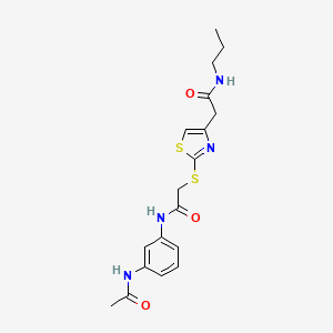 molecular formula C18H22N4O3S2 B2382746 N-(3-acetamidophenyl)-2-((4-(2-oxo-2-(propylamino)ethyl)thiazol-2-yl)thio)acetamide CAS No. 954094-26-9