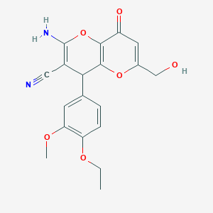 molecular formula C19H18N2O6 B2382793 2-Amino-4-(4-ethoxy-3-methoxyphenyl)-6-(hydroxymethyl)-8-oxo-4,8-dihydropyrano[3,2-b]pyran-3-carbonitrile CAS No. 873570-65-1