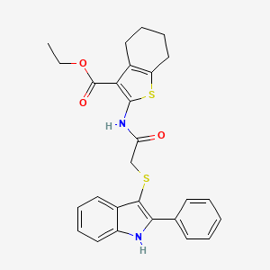 molecular formula C27H26N2O3S2 B2382851 ethyl 2-(2-((2-phenyl-1H-indol-3-yl)thio)acetamido)-4,5,6,7-tetrahydrobenzo[b]thiophene-3-carboxylate CAS No. 536979-15-4