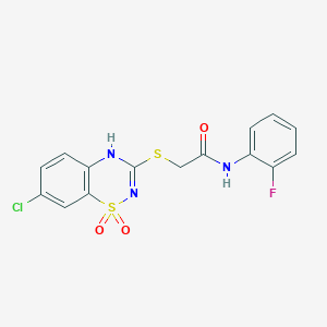 molecular formula C15H11ClFN3O3S2 B2382888 2-((7-chloro-1,1-dioxido-4H-benzo[e][1,2,4]thiadiazin-3-yl)thio)-N-(2-fluorophenyl)acetamide CAS No. 899944-36-6