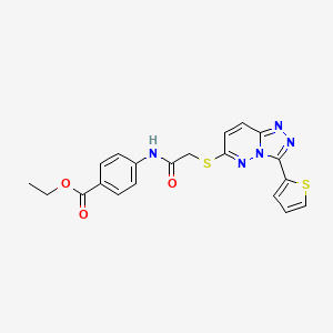 molecular formula C20H17N5O3S2 B2382901 Ethyl 4-(2-((3-(thiophen-2-yl)-[1,2,4]triazolo[4,3-b]pyridazin-6-yl)thio)acetamido)benzoate CAS No. 868966-72-7