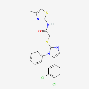molecular formula C21H16Cl2N4OS2 B2382924 2-((5-(3,4-dichlorophenyl)-1-phenyl-1H-imidazol-2-yl)thio)-N-(4-methylthiazol-2-yl)acetamide CAS No. 1206993-52-3
