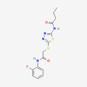 molecular formula C14H15FN4O2S2 B2382958 N-(5-((2-((2-fluorophenyl)amino)-2-oxoethyl)thio)-1,3,4-thiadiazol-2-yl)butyramide CAS No. 392297-98-2