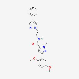 molecular formula C24H25N5O3 B2382968 3-(2,5-dimethoxyphenyl)-1-methyl-N-(2-(4-phenyl-1H-pyrazol-1-yl)ethyl)-1H-pyrazole-5-carboxamide CAS No. 2034552-96-8