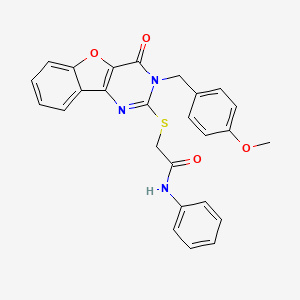 B2383011 2-({5-[(4-methoxyphenyl)methyl]-6-oxo-8-oxa-3,5-diazatricyclo[7.4.0.0^{2,7}]trideca-1(9),2(7),3,10,12-pentaen-4-yl}sulfanyl)-N-phenylacetamide CAS No. 866873-70-3