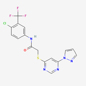 molecular formula C16H11ClF3N5OS B2383020 2-((6-(1H-吡唑-1-基)嘧啶-4-基)硫代)-N-(4-氯-3-(三氟甲基)苯基)乙酰胺 CAS No. 1251667-58-9