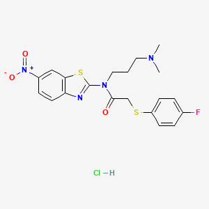 molecular formula C20H22ClFN4O3S2 B2383068 盐酸N-(3-(二甲氨基)丙基)-2-((4-氟苯基)硫代)-N-(6-硝基苯并[d]噻唑-2-基)乙酰胺 CAS No. 1215557-23-5