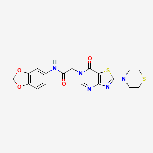 molecular formula C18H17N5O4S2 B2383144 N-(benzo[d][1,3]dioxol-5-yl)-2-(7-oxo-2-thiomorpholinothiazolo[4,5-d]pyrimidin-6(7H)-yl)acetamide CAS No. 1224015-30-8