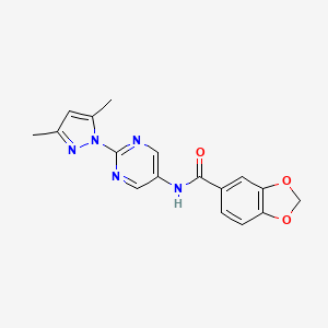 molecular formula C17H15N5O3 B2383169 N-(2-(3,5-二甲基-1H-吡唑-1-基)嘧啶-5-基)苯并[d][1,3]二氧杂环-5-甲酰胺 CAS No. 1421522-03-3
