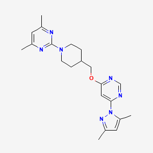 molecular formula C21H27N7O B2383216 2-[4-[[6-(3,5-Dimethylpyrazol-1-yl)pyrimidin-4-yl]oxymethyl]piperidin-1-yl]-4,6-dimethylpyrimidine CAS No. 2379952-89-1