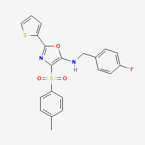 molecular formula C21H17FN2O3S2 B2383299 N-[(4-氟苯基)甲基]-4-(4-甲基苯基)磺酰基-2-噻吩-2-基-1,3-恶唑-5-胺 CAS No. 627833-80-1