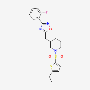 molecular formula C20H22FN3O3S2 B2383337 5-((1-((5-Ethylthiophen-2-yl)sulfonyl)piperidin-3-yl)methyl)-3-(2-fluorophenyl)-1,2,4-oxadiazole CAS No. 1705879-33-9