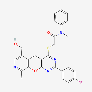 molecular formula C27H23FN4O3S B2383383 2-{[5-(4-氟苯基)-11-(羟甲基)-14-甲基-2-氧杂-4,6,13-三氮杂三环[8.4.0.0^{3,8}]十四-1(10),3(8),4,6,11,13-六烯-7-基]硫代}-N-甲基-N-苯基乙酰胺 CAS No. 2097888-71-4