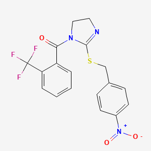 molecular formula C18H14F3N3O3S B2383395 [2-[(4-硝基苯基)甲硫基]-4,5-二氢咪唑-1-基]-[2-(三氟甲基)苯基]甲酮 CAS No. 851802-39-6