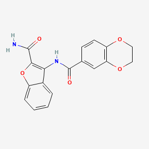 molecular formula C18H14N2O5 B2383510 N-(2-氨基甲酰基苯并呋喃-3-基)-2,3-二氢苯并[b][1,4]二噁英-6-甲酰胺 CAS No. 477556-35-7