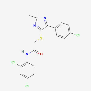 molecular formula C19H16Cl3N3OS B2383523 2-((5-(4-chlorophenyl)-2,2-dimethyl-2H-imidazol-4-yl)thio)-N-(2,4-dichlorophenyl)acetamide CAS No. 899935-04-7