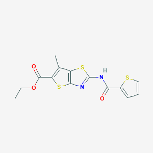 molecular formula C14H12N2O3S3 B2383602 Ethyl 6-methyl-2-(thiophene-2-carboxamido)thieno[2,3-d]thiazole-5-carboxylate CAS No. 681157-87-9