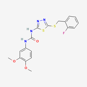 molecular formula C18H17FN4O3S2 B2383616 1-(3,4-Dimethoxyphenyl)-3-(5-((2-fluorobenzyl)thio)-1,3,4-thiadiazol-2-yl)urea CAS No. 922614-72-0