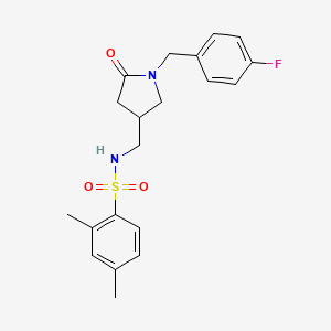 molecular formula C20H23FN2O3S B2383641 N-((1-(4-fluorobenzyl)-5-oxopyrrolidin-3-yl)methyl)-2,4-dimethylbenzenesulfonamide CAS No. 954635-46-2