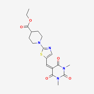 molecular formula C18H22N4O5S B2383719 ethyl 1-(5-{[1,3-dimethyl-2,4,6-trioxotetrahydro-5(2H)-pyrimidinyliden]methyl}-1,3-thiazol-2-yl)-4-piperidinecarboxylate CAS No. 923200-07-1