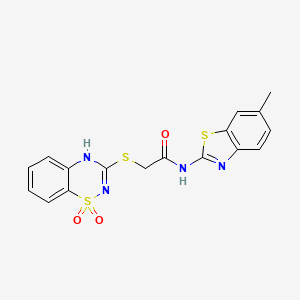 molecular formula C17H14N4O3S3 B2383808 2-((1,1-二氧化-4H-苯并[e][1,2,4]噻二嗪-3-基)硫代)-N-(6-甲基苯并[d]噻唑-2-基)乙酰胺 CAS No. 886956-69-0