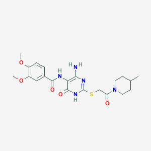 molecular formula C21H27N5O5S B2384005 N-(4-amino-2-((2-(4-methylpiperidin-1-yl)-2-oxoethyl)thio)-6-oxo-1,6-dihydropyrimidin-5-yl)-3,4-dimethoxybenzamide CAS No. 868226-85-1