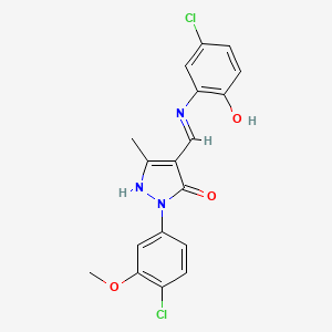 molecular formula C18H15Cl2N3O3 B2384026 4-[(5-Chloro-2-hydroxyphenyl)iminomethyl]-2-(4-chloro-3-methoxyphenyl)-5-methyl-1H-pyrazol-3-one CAS No. 2220954-82-3