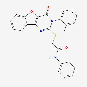 molecular formula C25H19N3O3S B2384033 2-((4-oxo-3-(o-tolyl)-3,4-dihydrobenzofuro[3,2-d]pyrimidin-2-yl)thio)-N-phenylacetamide CAS No. 895649-17-9