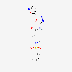 molecular formula C18H19N5O5S B2384037 N-(5-(isoxazol-5-yl)-1,3,4-oxadiazol-2-yl)-1-tosylpiperidine-4-carboxamide CAS No. 952848-29-2