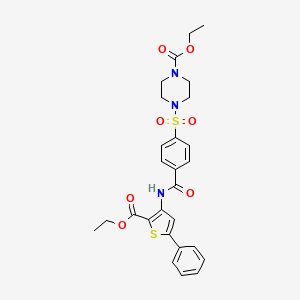 molecular formula C27H29N3O7S2 B2384139 Ethyl 4-[4-[(2-ethoxycarbonyl-5-phenylthiophen-3-yl)carbamoyl]phenyl]sulfonylpiperazine-1-carboxylate CAS No. 398999-06-9