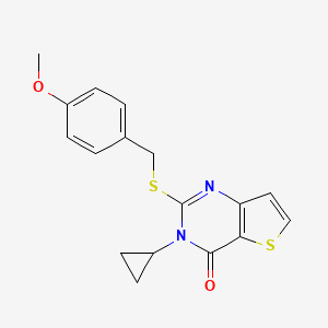 molecular formula C17H16N2O2S2 B2384163 3-cyclopropyl-2-[(4-methoxybenzyl)sulfanyl]thieno[3,2-d]pyrimidin-4(3H)-one CAS No. 1326879-19-9