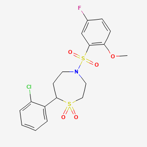 molecular formula C18H19ClFNO5S2 B2384166 7-(2-Chlorophenyl)-4-((5-fluoro-2-methoxyphenyl)sulfonyl)-1,4-thiazepane 1,1-dioxide CAS No. 2034331-48-9