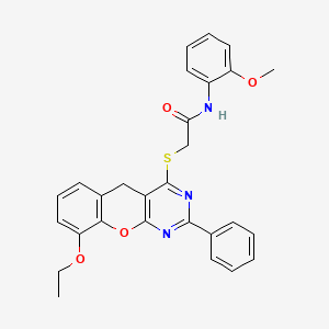 molecular formula C28H25N3O4S B2384167 2-[(9-ethoxy-2-phenyl-5H-chromeno[2,3-d]pyrimidin-4-yl)sulfanyl]-N-(2-methoxyphenyl)acetamide CAS No. 866848-16-0