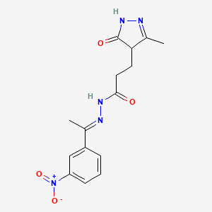 molecular formula C15H17N5O4 B2384169 (E)-3-(3-methyl-5-oxo-4,5-dihydro-1H-pyrazol-4-yl)-N'-(1-(3-nitrophenyl)ethylidene)propanehydrazide CAS No. 306304-56-3