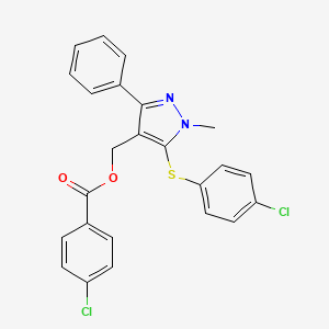 molecular formula C24H18Cl2N2O2S B2384194 {5-[(4-chlorophenyl)sulfanyl]-1-methyl-3-phenyl-1H-pyrazol-4-yl}methyl 4-chlorobenzenecarboxylate CAS No. 318248-32-7