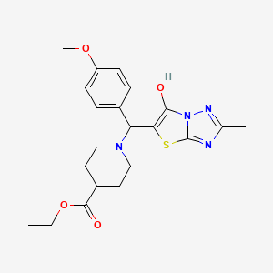 molecular formula C21H26N4O4S B2384265 Ethyl 1-((6-hydroxy-2-methylthiazolo[3,2-b][1,2,4]triazol-5-yl)(4-methoxyphenyl)methyl)piperidine-4-carboxylate CAS No. 851810-22-5