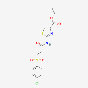 molecular formula C15H15ClN2O5S2 B2384271 Ethyl 2-(3-((4-chlorophenyl)sulfonyl)propanamido)thiazole-4-carboxylate CAS No. 895458-81-8