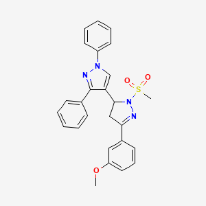 molecular formula C26H24N4O3S B2384289 5-(3-methoxyphenyl)-2-(methylsulfonyl)-1',3'-diphenyl-3,4-dihydro-1'H,2H-3,4'-bipyrazole CAS No. 1010866-57-5