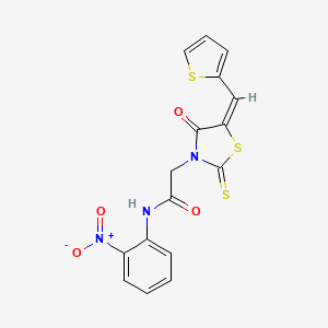 molecular formula C16H11N3O4S3 B2384300 (E)-N-(2-nitrophenyl)-2-(4-oxo-5-(thiophen-2-ylmethylene)-2-thioxothiazolidin-3-yl)acetamide CAS No. 637318-51-5