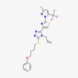 molecular formula C23H23F3N6OS2 B2384335 4-allyl-3-{2-[3-methyl-5-(trifluoromethyl)-1H-pyrazol-1-yl]-1,3-thiazol-4-yl}-5-[(4-phenoxybutyl)sulfanyl]-4H-1,2,4-triazole CAS No. 956200-81-0