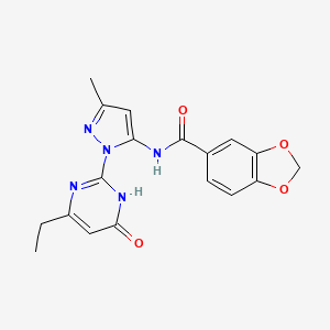 molecular formula C18H17N5O4 B2384353 N-(1-(4-ethyl-6-oxo-1,6-dihydropyrimidin-2-yl)-3-methyl-1H-pyrazol-5-yl)benzo[d][1,3]dioxole-5-carboxamide CAS No. 1002484-04-9