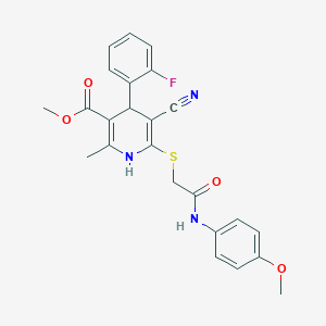 molecular formula C24H22FN3O4S B2384567 5-氰基-4-(2-氟苯基)-6-[2-(4-甲氧基苯胺)-2-氧代乙基]硫代-2-甲基-1,4-二氢吡啶-3-羧酸甲酯 CAS No. 701226-67-7