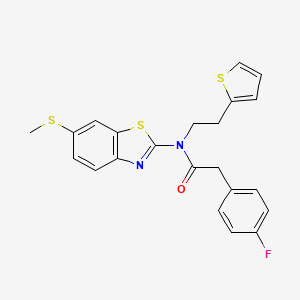 molecular formula C22H19FN2OS3 B2384573 2-(4-氟苯基)-N-(6-(甲硫基)苯并[d]噻唑-2-基)-N-(2-(噻吩-2-基)乙基)乙酰胺 CAS No. 922471-85-0