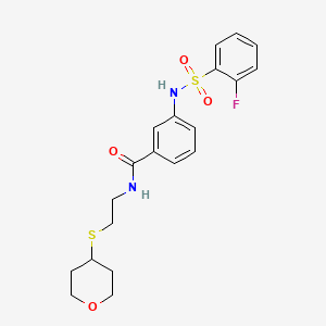 molecular formula C20H23FN2O4S2 B2384658 3-(2-氟苯磺酰胺)-N-(2-((四氢-2H-吡喃-4-基)硫代)乙基)苯甲酰胺 CAS No. 2034424-38-7
