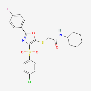 molecular formula C23H22ClFN2O4S2 B2384681 2-((4-((4-chlorophenyl)sulfonyl)-2-(4-fluorophenyl)oxazol-5-yl)thio)-N-cyclohexylacetamide CAS No. 686737-17-7