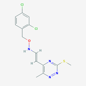 molecular formula C14H14Cl2N4OS B2384763 5-(2-(((2,4-Dichlorobenzyl)oxy)amino)vinyl)-6-methyl-3-(methylsulfanyl)-1,2,4-triazine CAS No. 477866-62-9