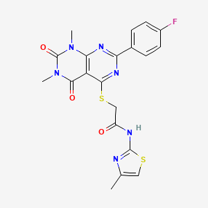 molecular formula C20H17FN6O3S2 B2384766 2-((2-(4-氟苯基)-6,8-二甲基-5,7-二氧代-5,6,7,8-四氢嘧啶并[4,5-d]嘧啶-4-基)硫代)-N-(4-甲基噻唑-2-基)乙酰胺 CAS No. 852170-83-3